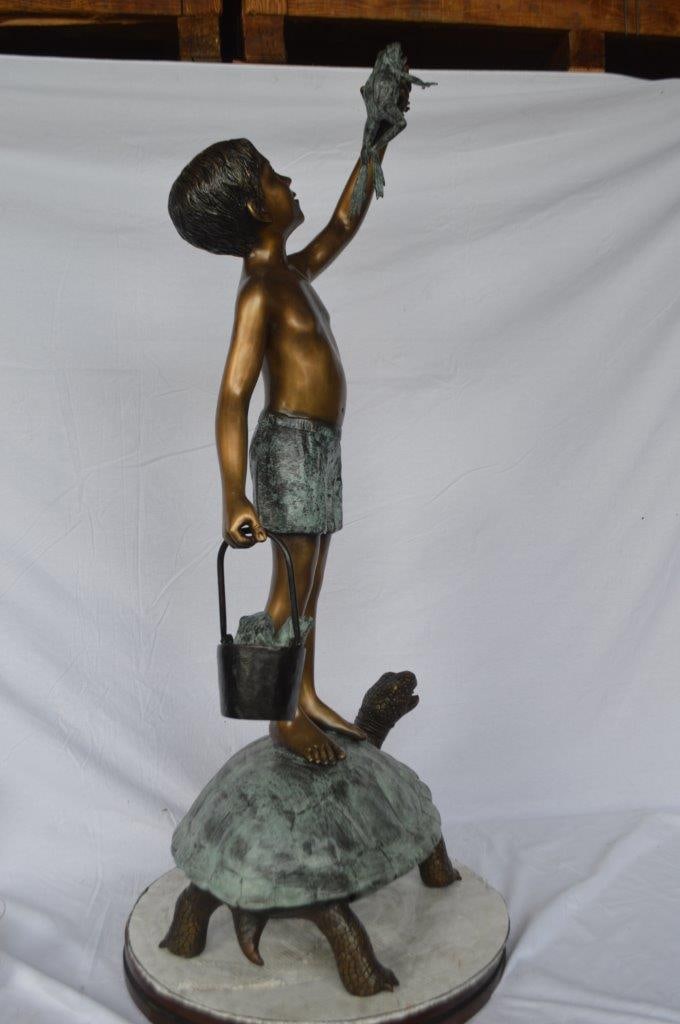 Boy on turtle holding frog bronze fountain statue - Size: 24"L x 18"W x 55"H. - 4