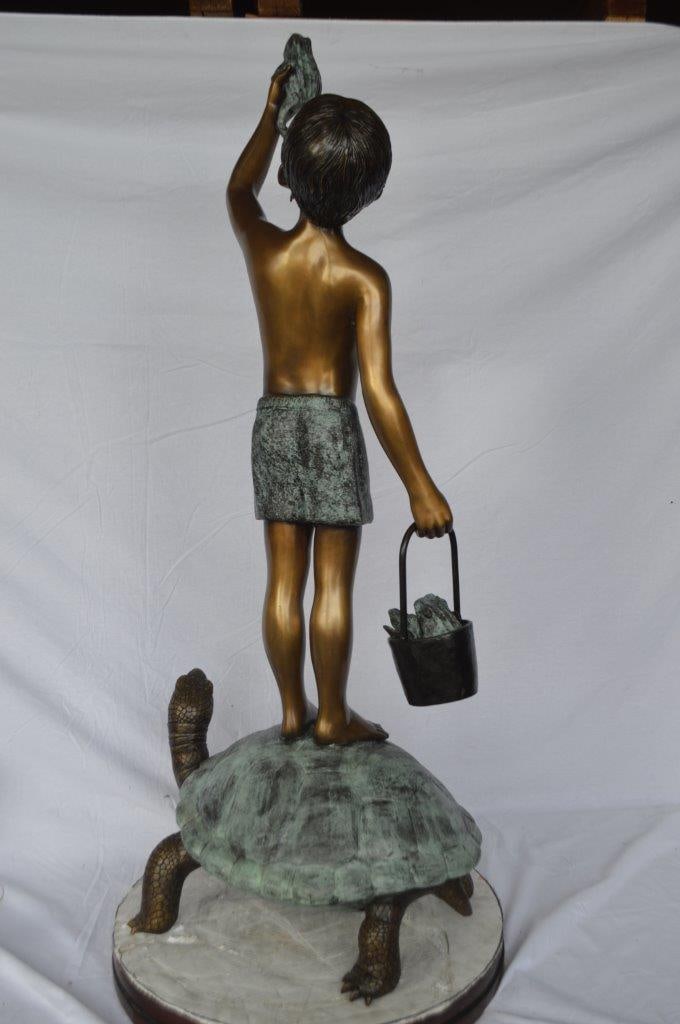 Boy on turtle holding frog bronze fountain statue - Size: 24"L x 18"W x 55"H. - 6