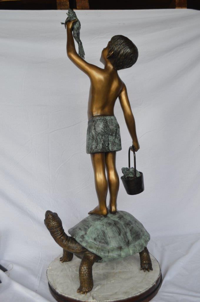 Boy on turtle holding frog bronze fountain statue - Size: 24"L x 18"W x 55"H. - 7