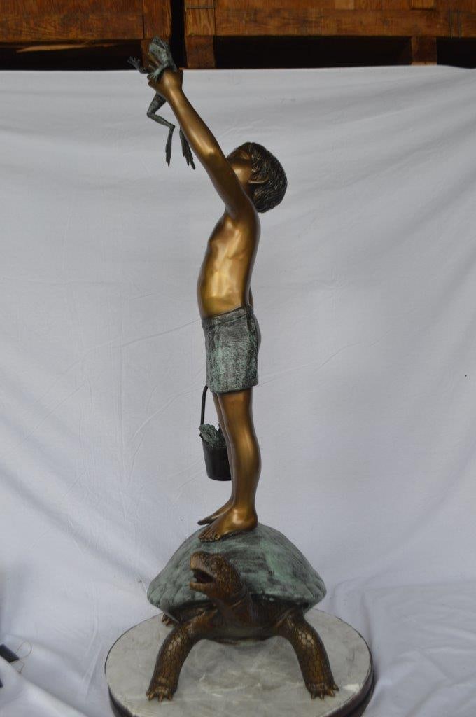 Boy on turtle holding frog bronze fountain statue - Size: 24"L x 18"W x 55"H. - 8