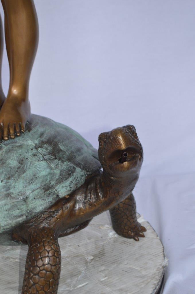 Boy on turtle holding frog bronze fountain statue - Size: 24"L x 18"W x 55"H. - 9