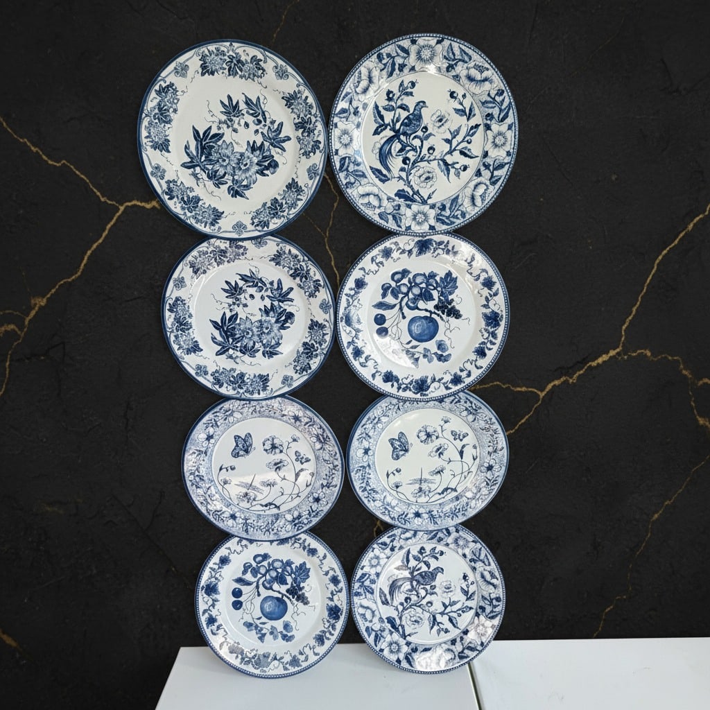 8pc Vintage Blue and White Tin Decorative Plates 10" Wall Display Set - 11