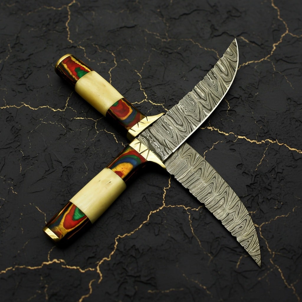 2pc Damascus Steel Hunting Knife Set Bone Wood Brass Handle Bushcraft Tools (1 of 9)