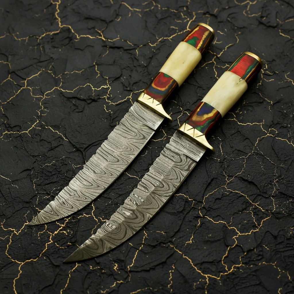 2pc Damascus Steel Hunting Knife Set Bone Wood Brass Handle Bushcraft Tools - 2