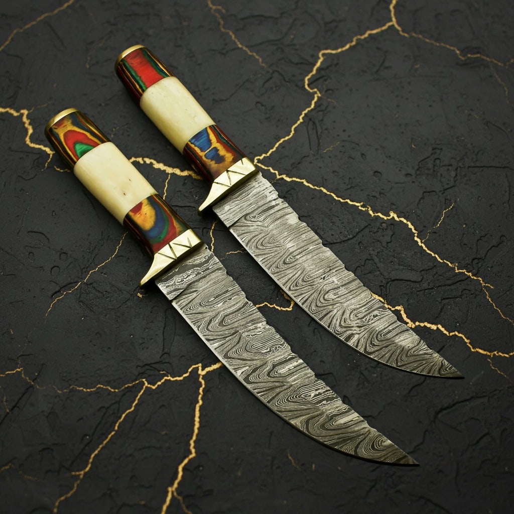 2pc Damascus Steel Hunting Knife Set Bone Wood Brass Handle Bushcraft Tools - 3