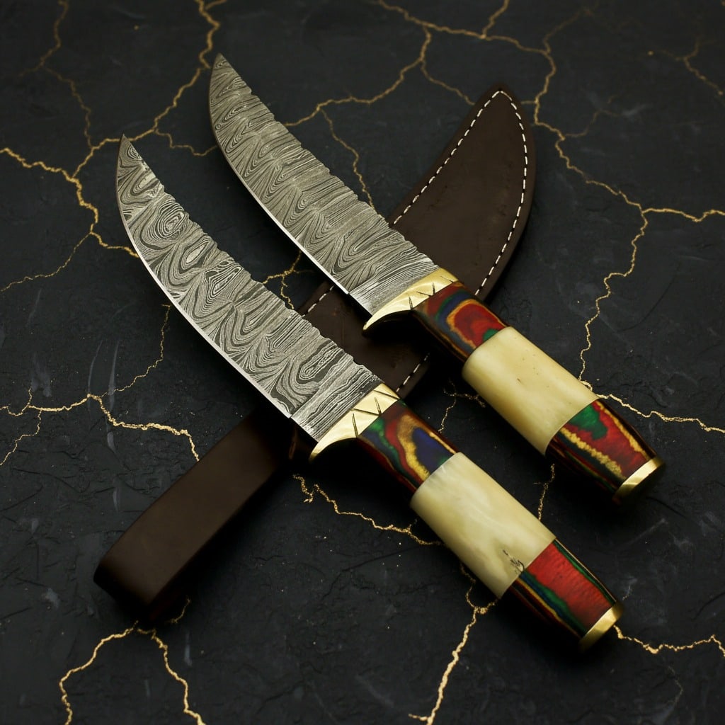 2pc Damascus Steel Hunting Knife Set Bone Wood Brass Handle Bushcraft Tools - 4