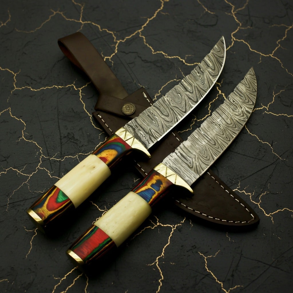 2pc Damascus Steel Hunting Knife Set Bone Wood Brass Handle Bushcraft Tools - 5