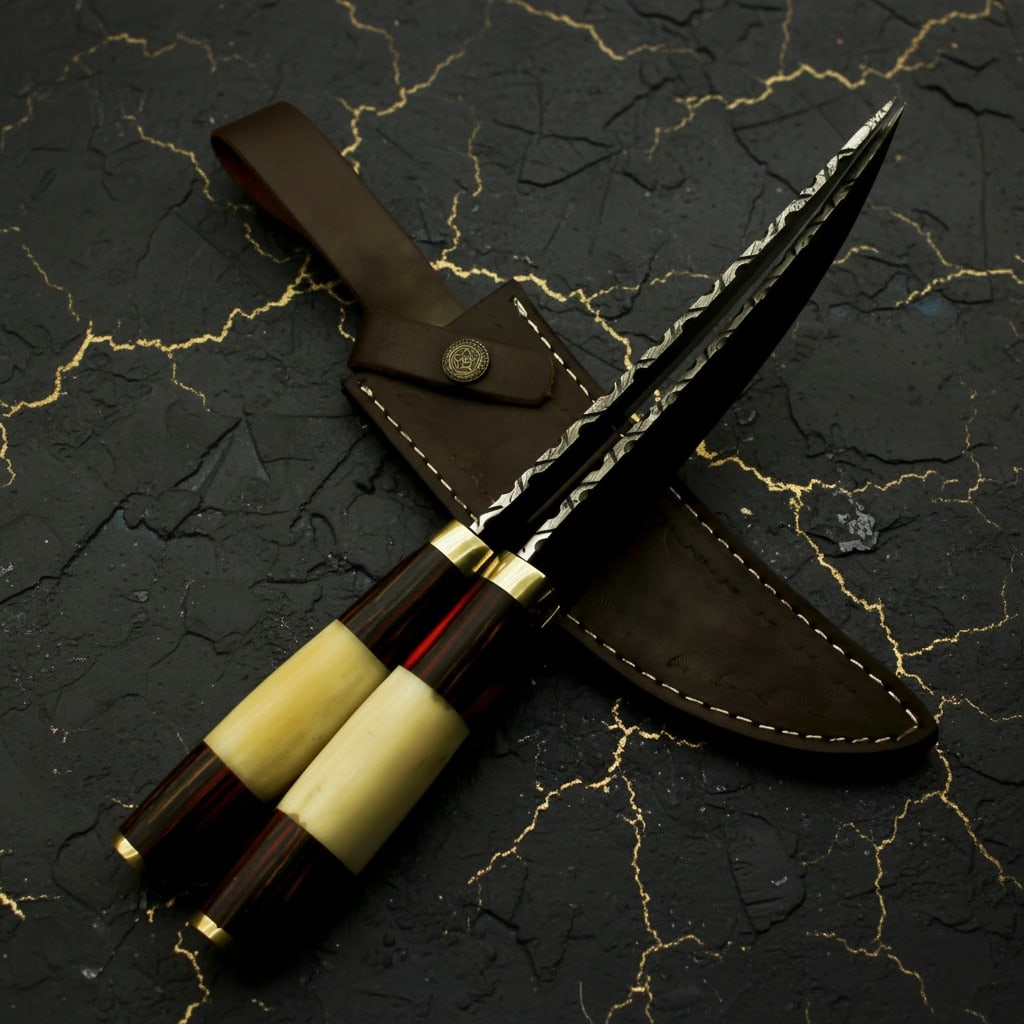 2pc Damascus Steel Hunting Knife Set Bone Wood Brass Handle Bushcraft Tools - 6