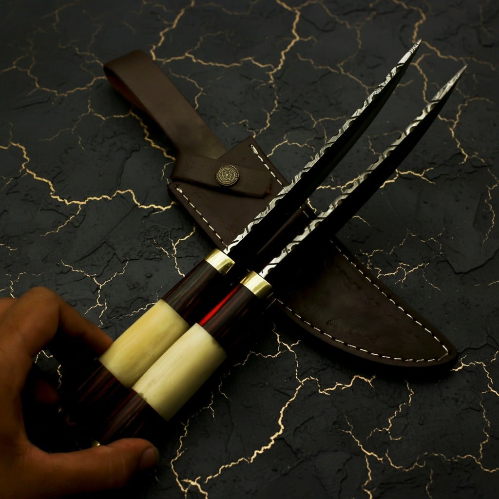 2pc Damascus Steel Hunting Knife Set Bone Wood Brass Handle Bushcraft Tools - 7