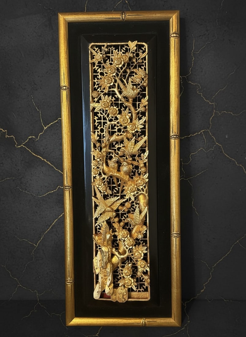 Antique Chinese Gilt Wood Relief Wall Plaque Birds Floral Carving Decor (1 of 7)