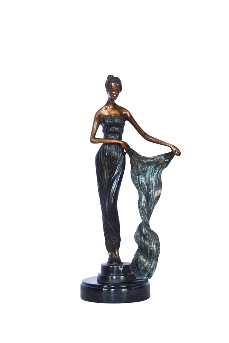 Young girl holding a sheer sheet in the wind - Size: 6"L x 4"W x 13"H.: Title:Young girl holding a sheer sheet in the wind - Size: 6"L x 4"W x 13"H. Description:This small yet powerful bronze statue emulates beauty and would look wonderful in any room of a home or space.