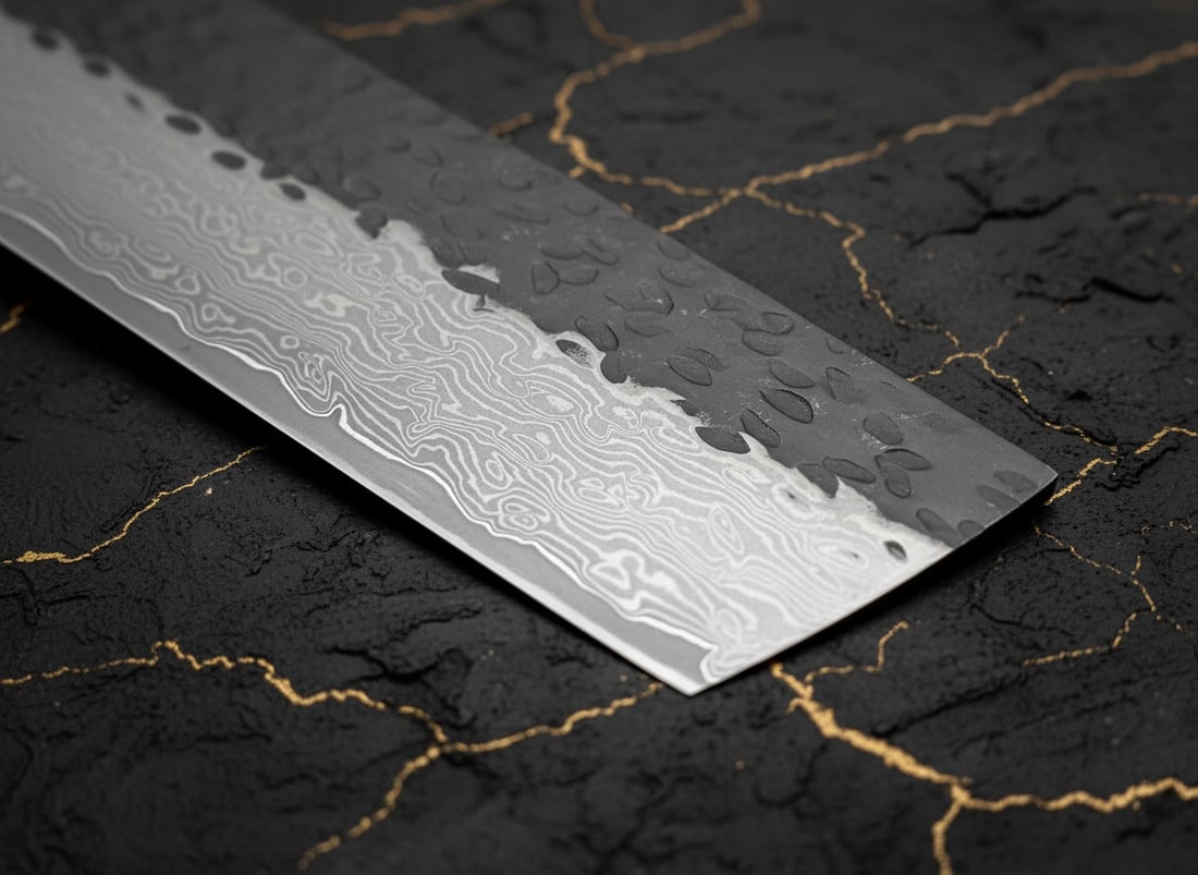7" Nakiri Kitchen Knife Damascus Steel Hammered Blade Wood Octagonal Handle - 11