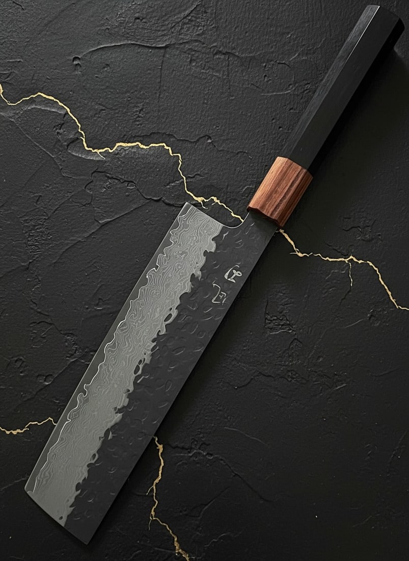 7" Nakiri Kitchen Knife Damascus Steel Hammered Blade Wood Octagonal Handle: Title:7" Nakiri Kitchen Knife Damascus Steel Hammered Blade Wood Octagonal Handle Description:This 7-inch Nakiri knife combines traditional Japanese design with modern high-performance materials for v