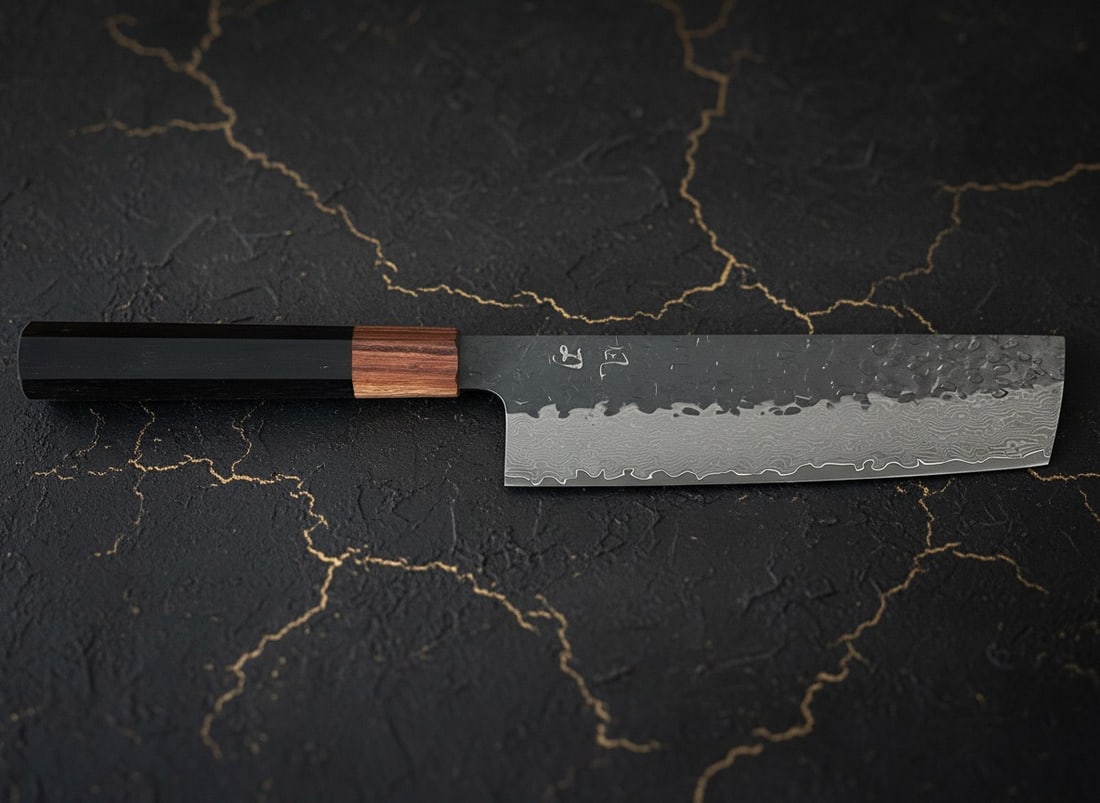 7" Nakiri Kitchen Knife Damascus Steel Hammered Blade Wood Octagonal Handle - 5