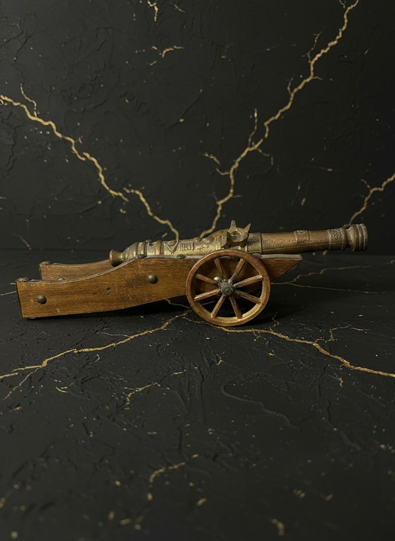 13" Vintage Brass Miniature Artillery Cannon on Wooden Base European Style (1 of 9)