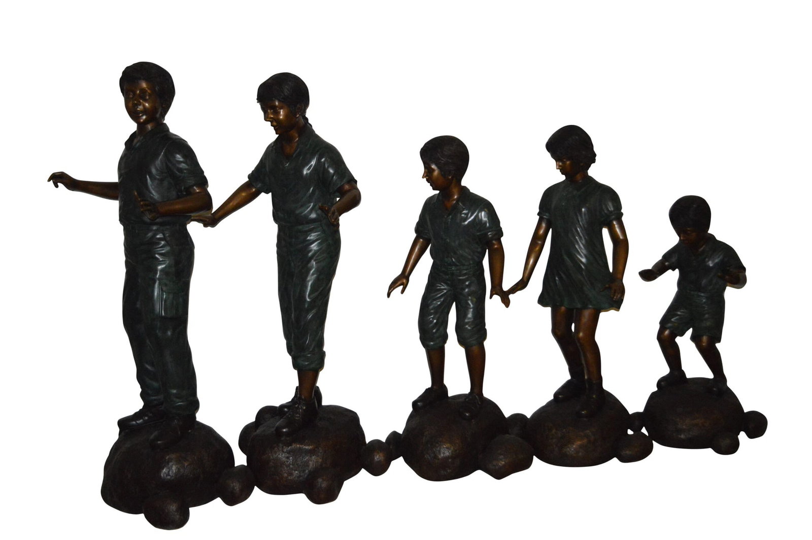 Five Kids Walking on Rocks Bronze Statues - Size: "L x "W x "H.: Title:Five Kids Walking on Rocks Bronze Statues - Size: "L x "W x "H. Description:These charming life size single statues of five boys and girls playing outside jumping over rocks crossing the river,