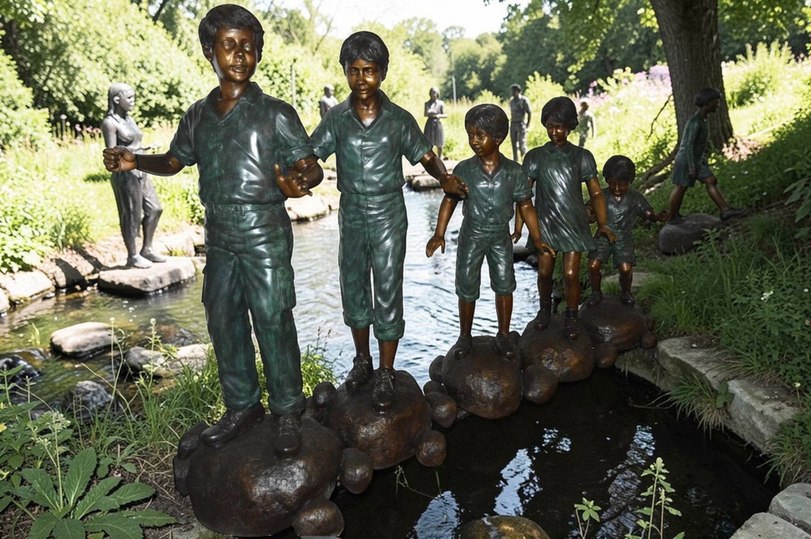 Five Kids Walking on Rocks Bronze Statues - Size: "L x "W x "H. - 2