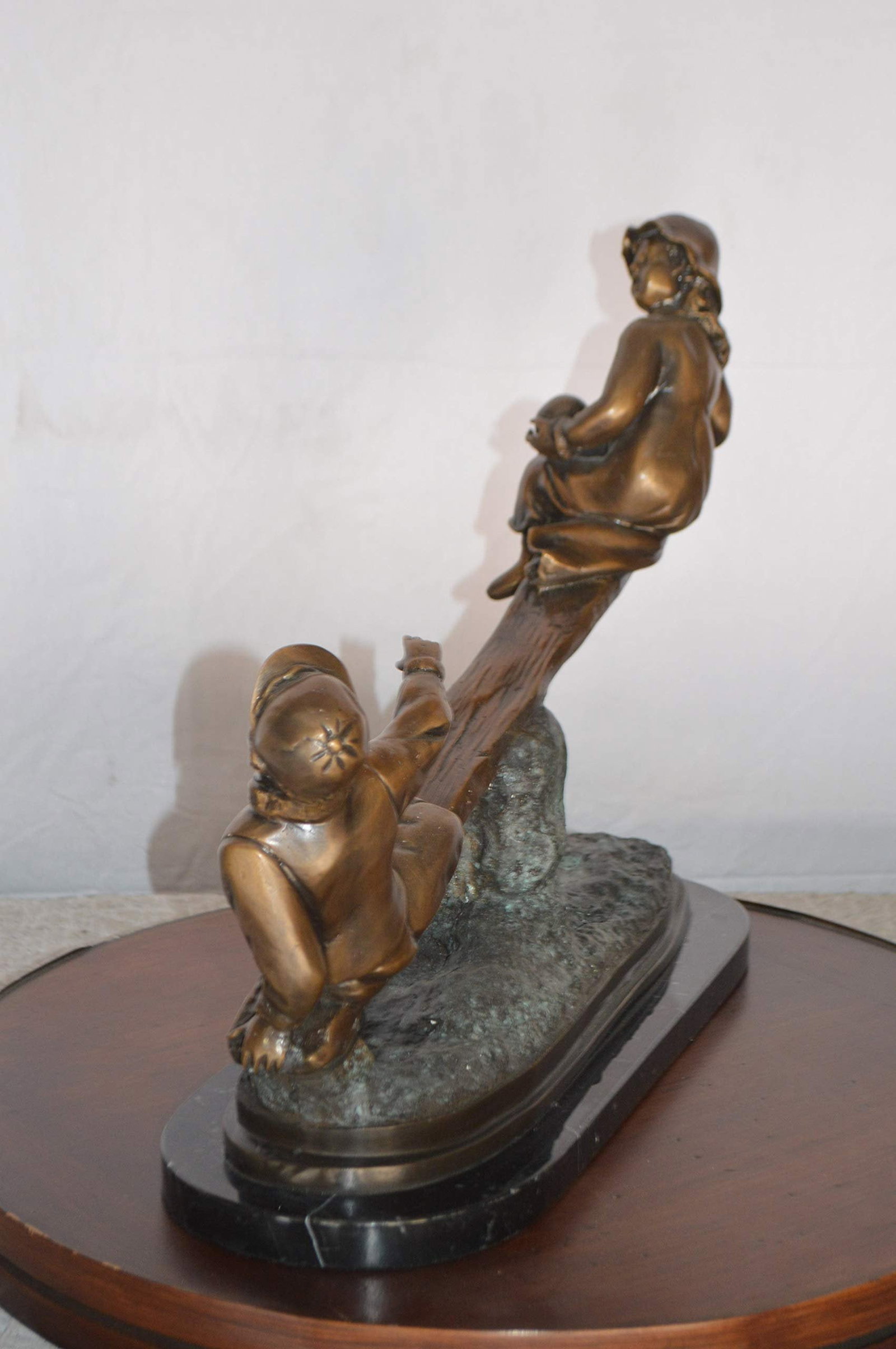Boys Playing Seesaw on a Marble Base Bronze Statue - Size: 22"L x 8"W x 17"H. - 6
