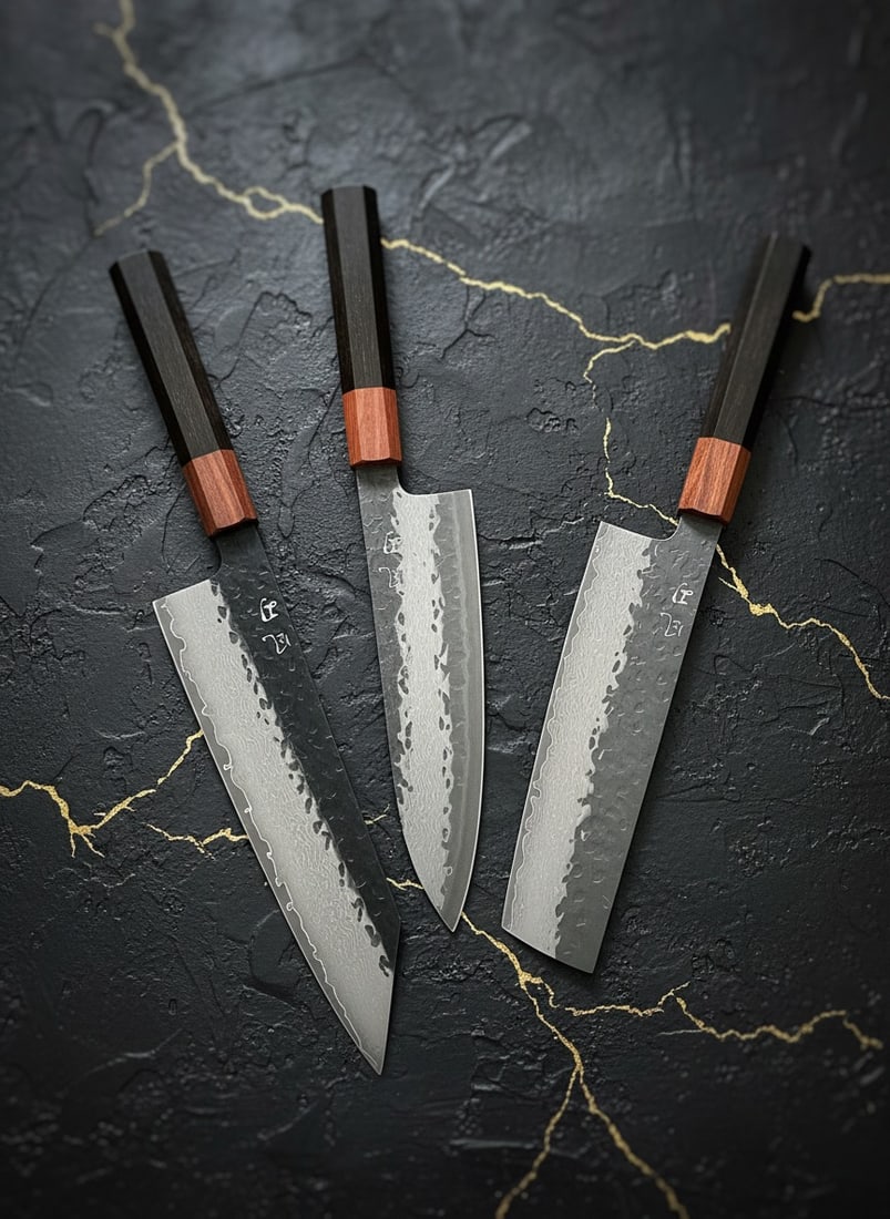 3pc Hammered Damascus Steel Chef Knife Set, Kiritsuke Gyuto Nakiri Professional (1 of 19)