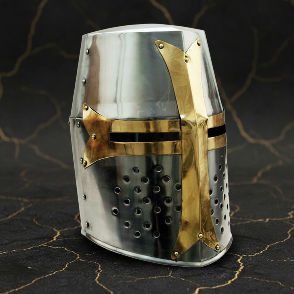 Medieval Knight Templar Great Helm Polished Brass Crusader Helmet: Title:Medieval Knight Templar Great Helm Polished Brass Crusader Helmet Description:This Crusader Great Helmet features an iconic brass cross riveted onto the front, reflecting the design worn by Crus