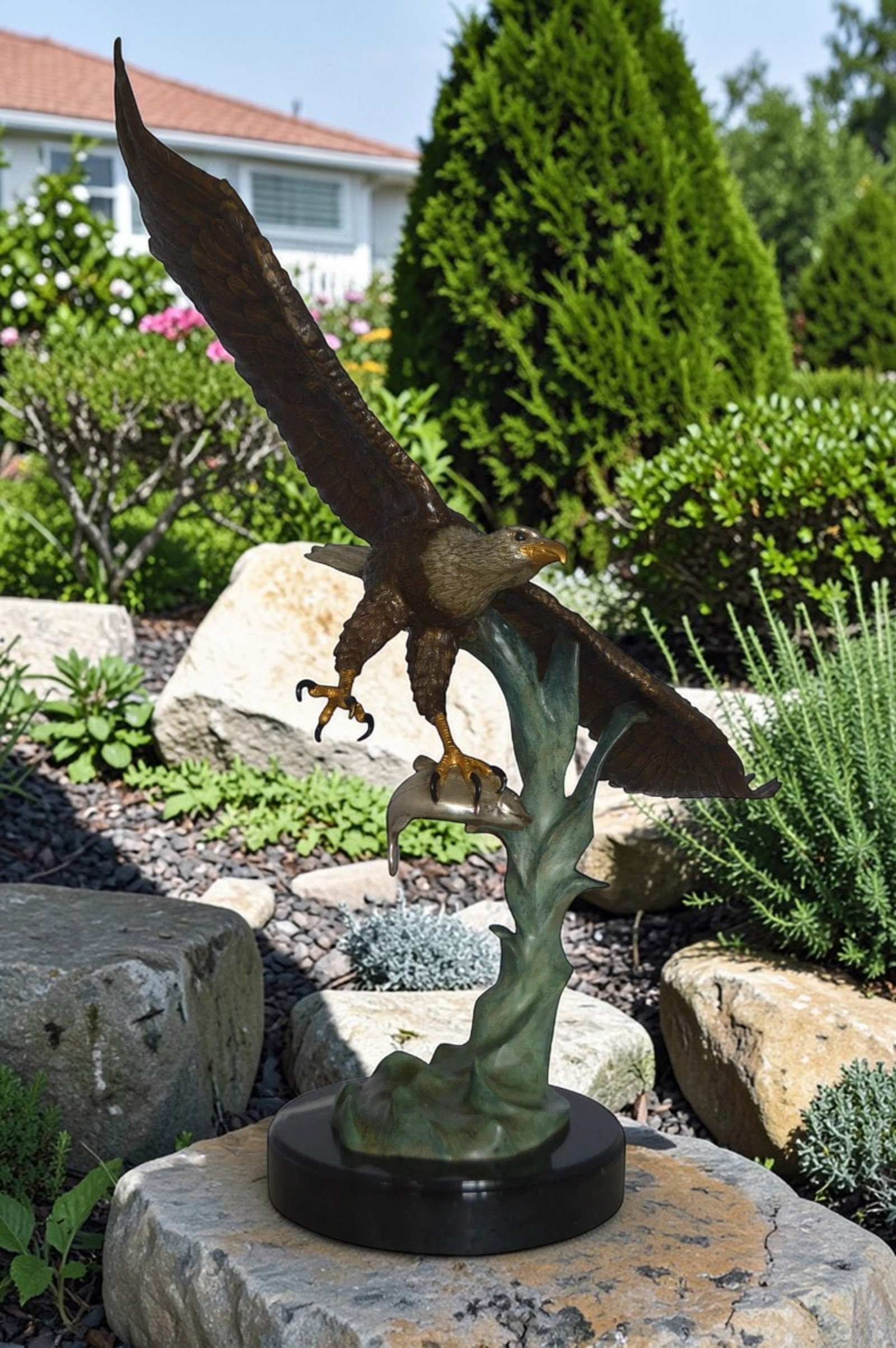 Eagle Flying With His Pray Bronze Statue - Size: 32"L x 15"W x 33"H. - 3