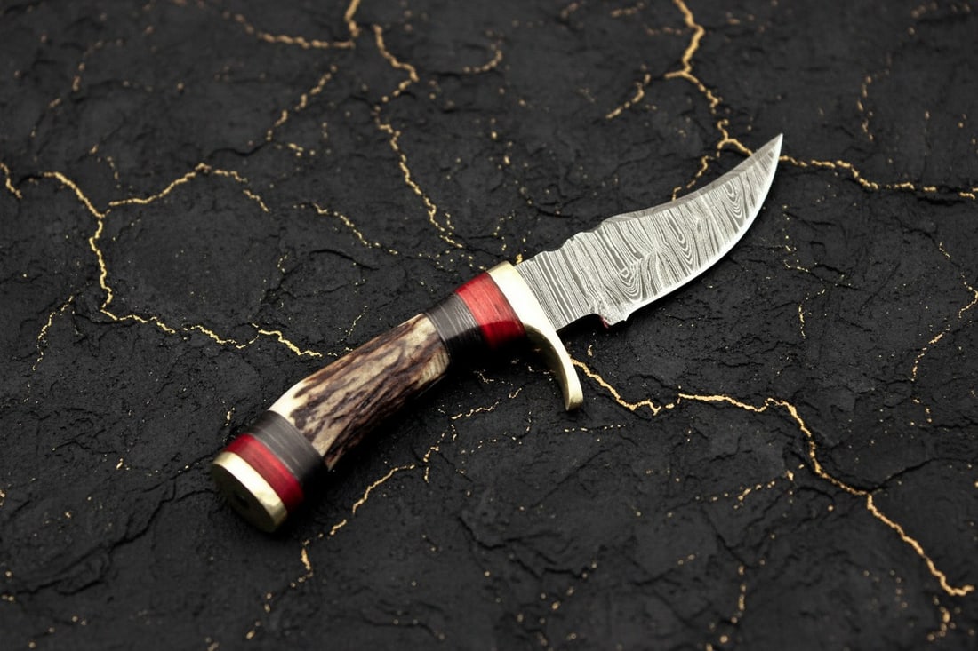 Handcrafted Damascus Steel Hunting Knife, Stag Antler Grip and Leather Sheath: Title:Handcrafted Damascus Steel Hunting Knife, Stag Antler Grip and Leather Sheath Description:This handmade hunting knife features a durable Damascus steel blade and a natural stag antler handle. Pl