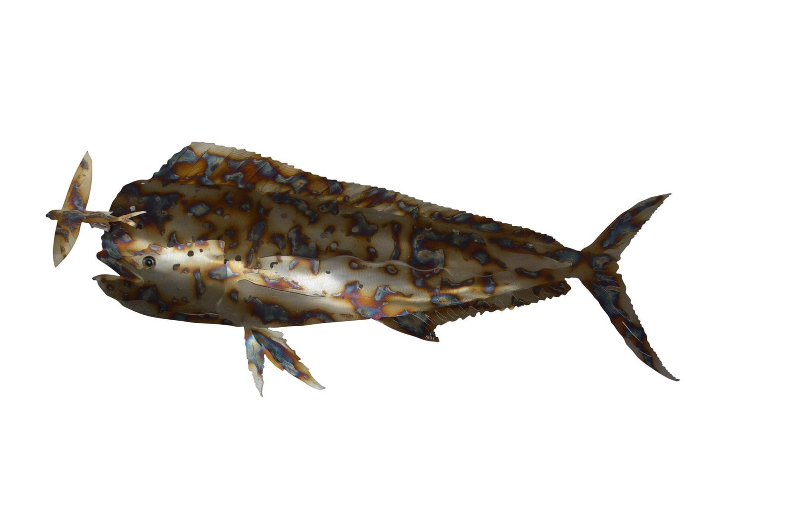Mahi Mahi catching flying fish made of cut steel - Size: 39"L x 2"W x 12"H.: Title:Mahi Mahi catching flying fish made of cut steel - Size: 39"L x 2"W x 12"H. Description:This mahi mahi fish is crafted using laser cut steel and can be mounted on any wall desiring of a nautical