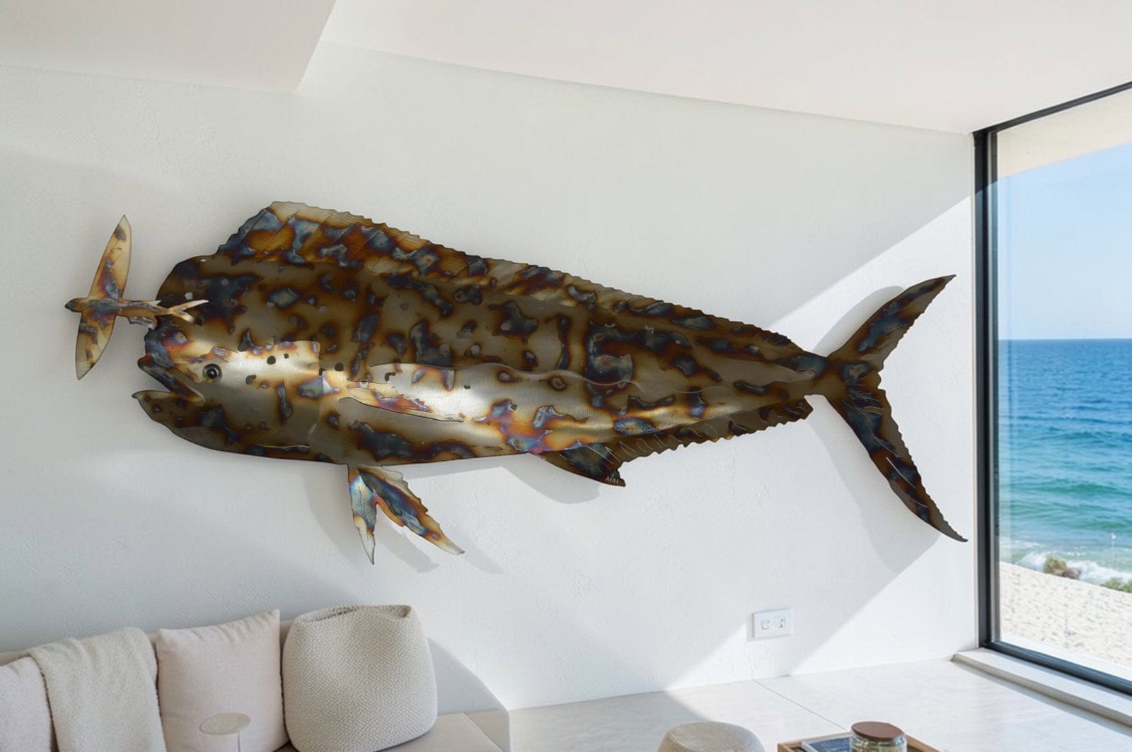 Mahi Mahi catching flying fish made of cut steel - Size: 39"L x 2"W x 12"H. - 2