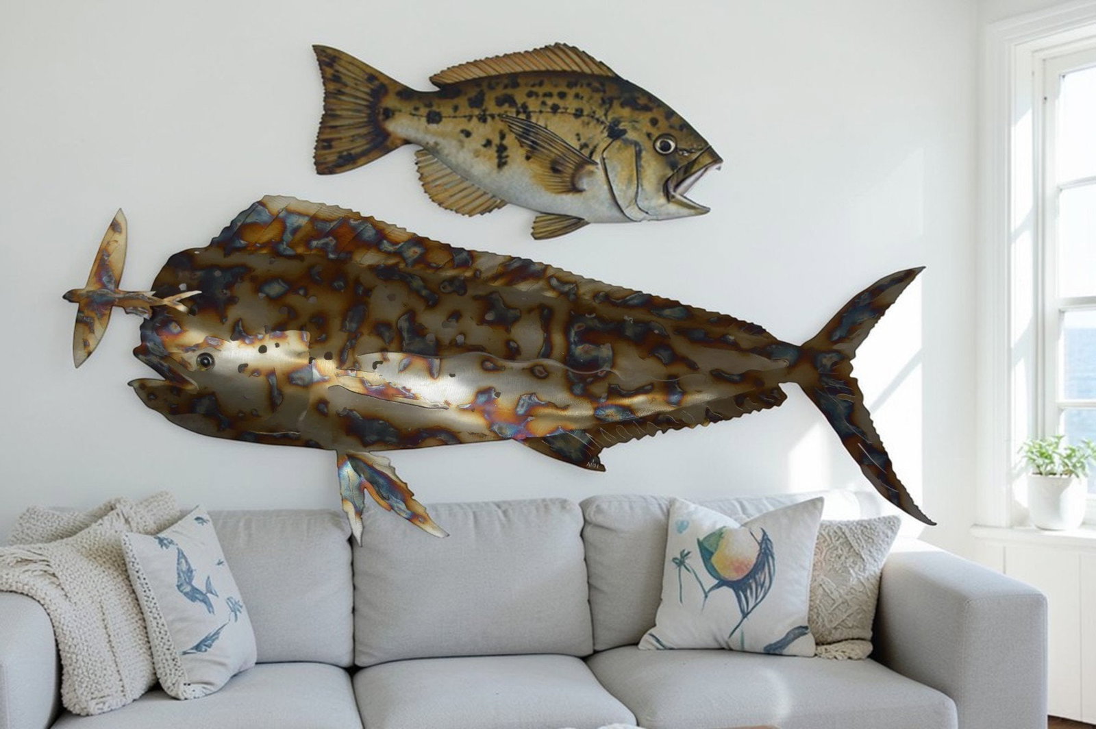 Mahi Mahi catching flying fish made of cut steel - Size: 39"L x 2"W x 12"H. - 3