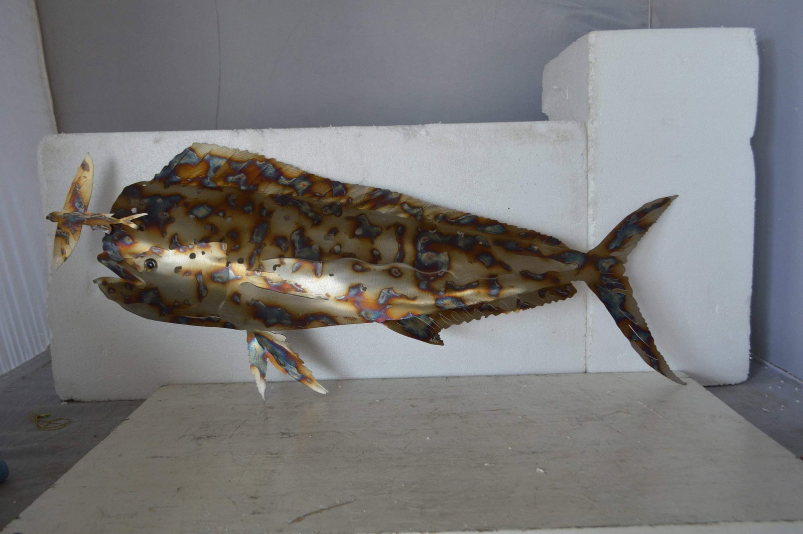 Mahi Mahi catching flying fish made of cut steel - Size: 39"L x 2"W x 12"H. - 4
