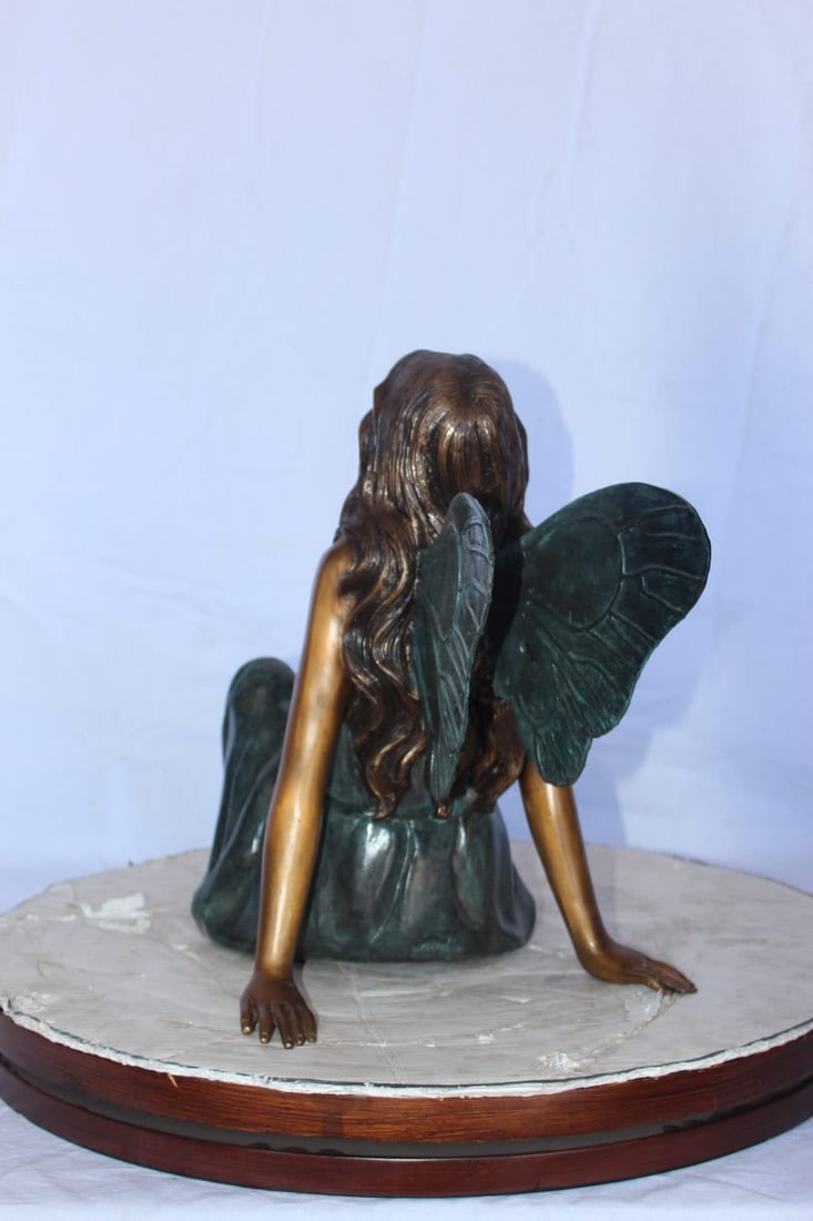 Fairy angel sitting peacefully bronze statue - Size: 27"L x 12"W x 16"H. - 10