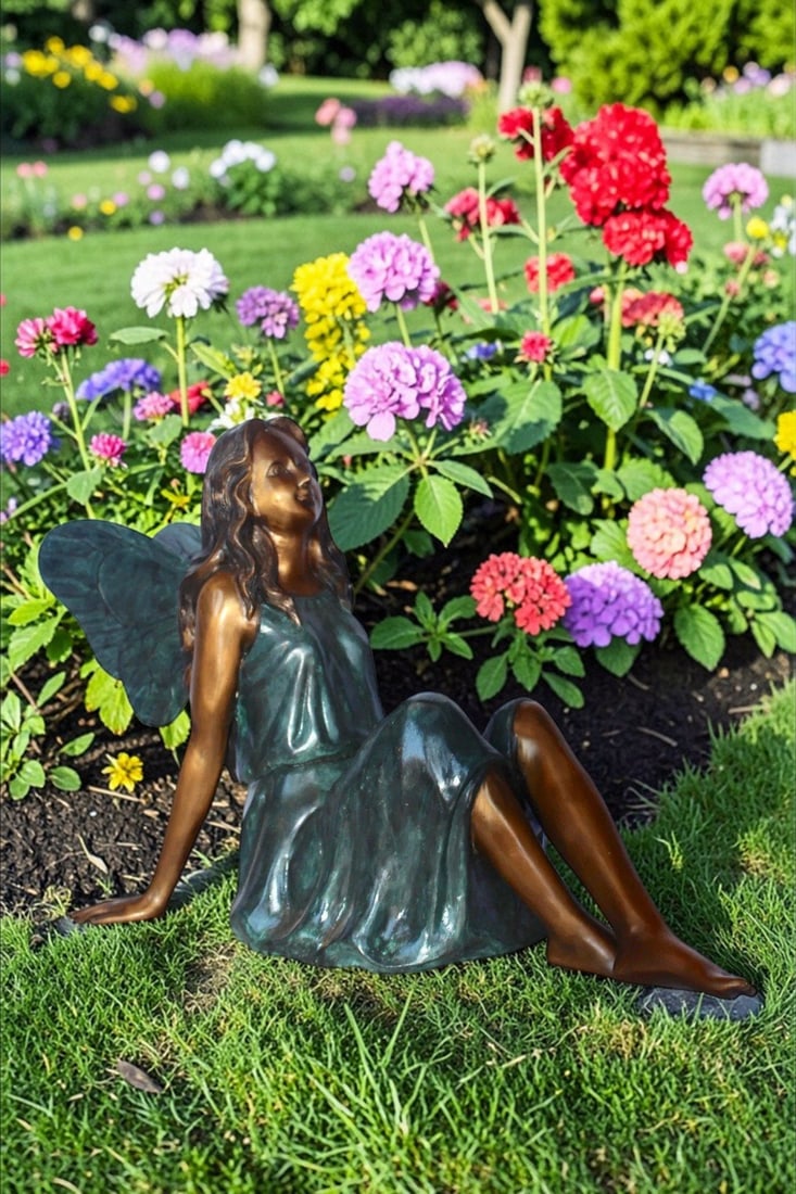 Fairy angel sitting peacefully bronze statue - Size: 27"L x 12"W x 16"H. - 3