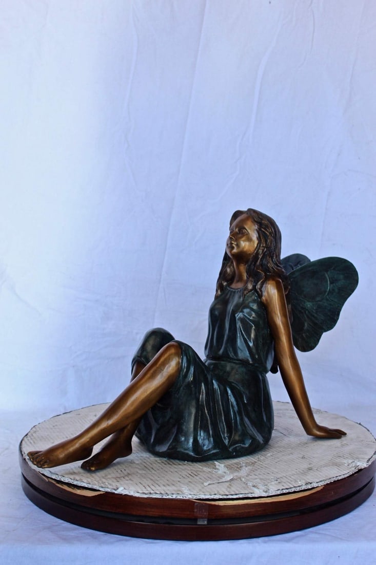Fairy angel sitting peacefully bronze statue - Size: 27"L x 12"W x 16"H. - 4