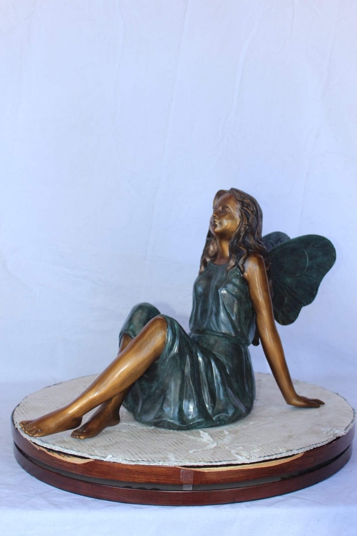 Fairy angel sitting peacefully bronze statue - Size: 27"L x 12"W x 16"H. - 5