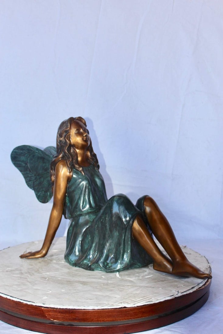 Fairy angel sitting peacefully bronze statue - Size: 27"L x 12"W x 16"H. - 7