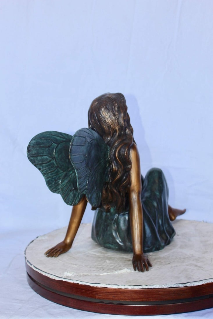 Fairy angel sitting peacefully bronze statue - Size: 27"L x 12"W x 16"H. - 9