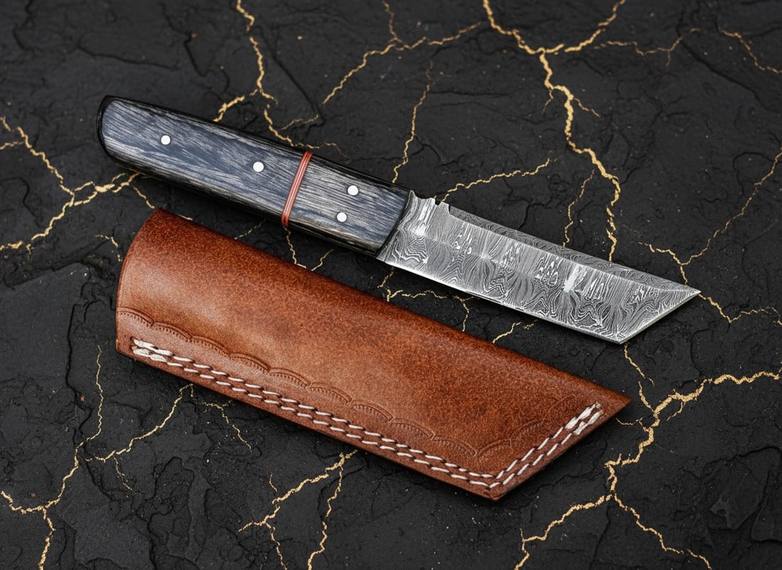 Handmade Damascus Steel Tanto Knife Fixed Blade Hunting Tool with Sheath - 8