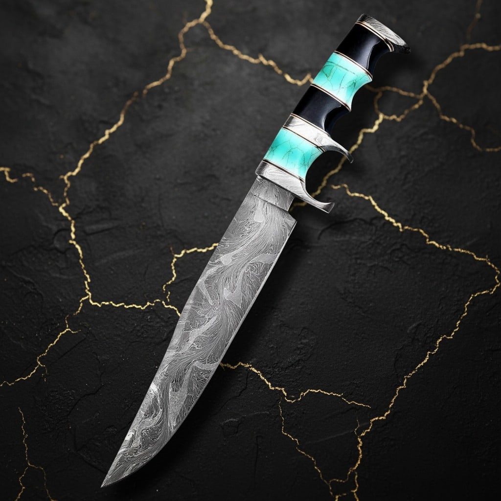 Handmade Damascus Bowie Knife, Custom Full Tang Blade with Leather Sheath (1 of 4)