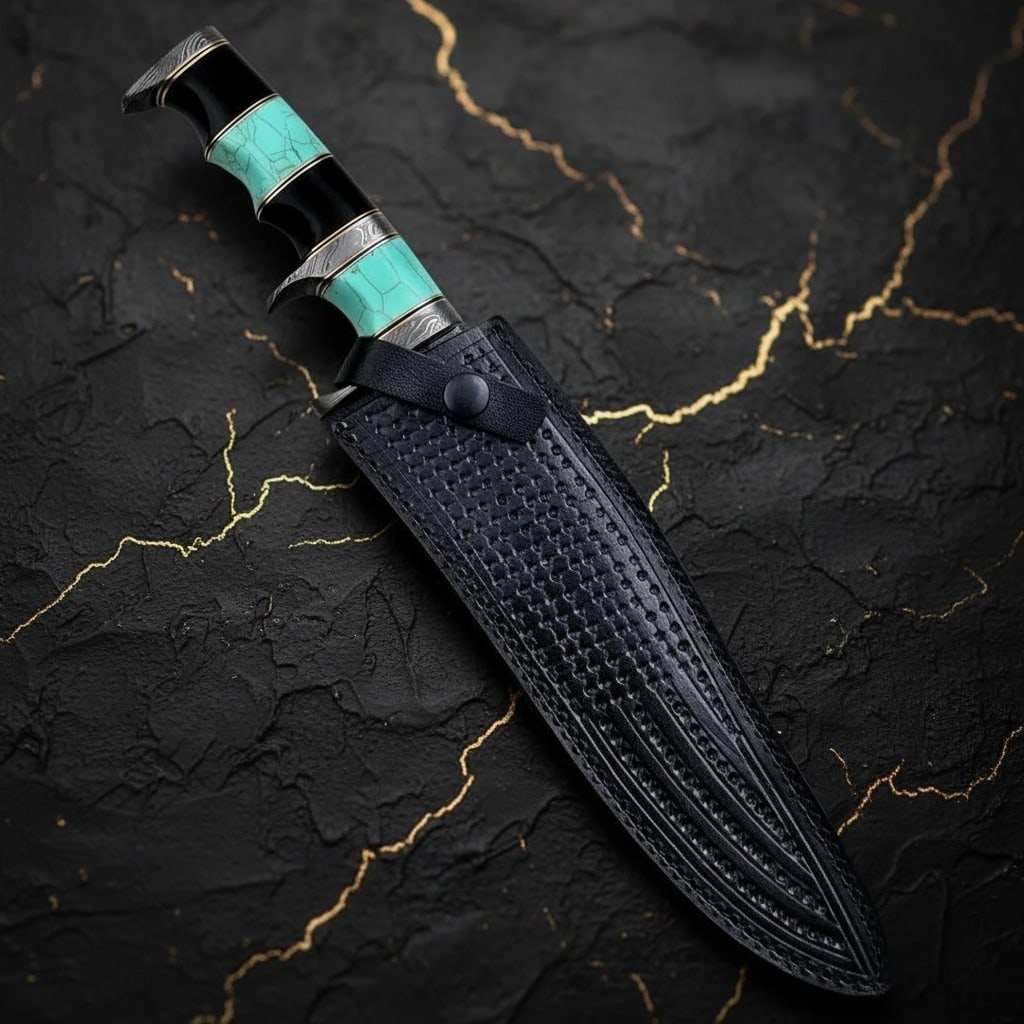 Handmade Damascus Bowie Knife, Custom Full Tang Blade with Leather Sheath - 2