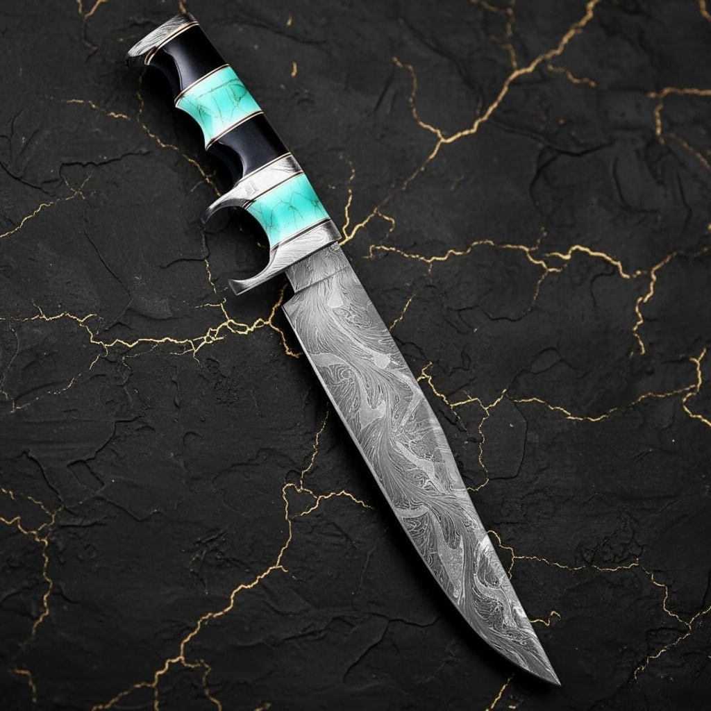 Handmade Damascus Bowie Knife, Custom Full Tang Blade with Leather Sheath - 3