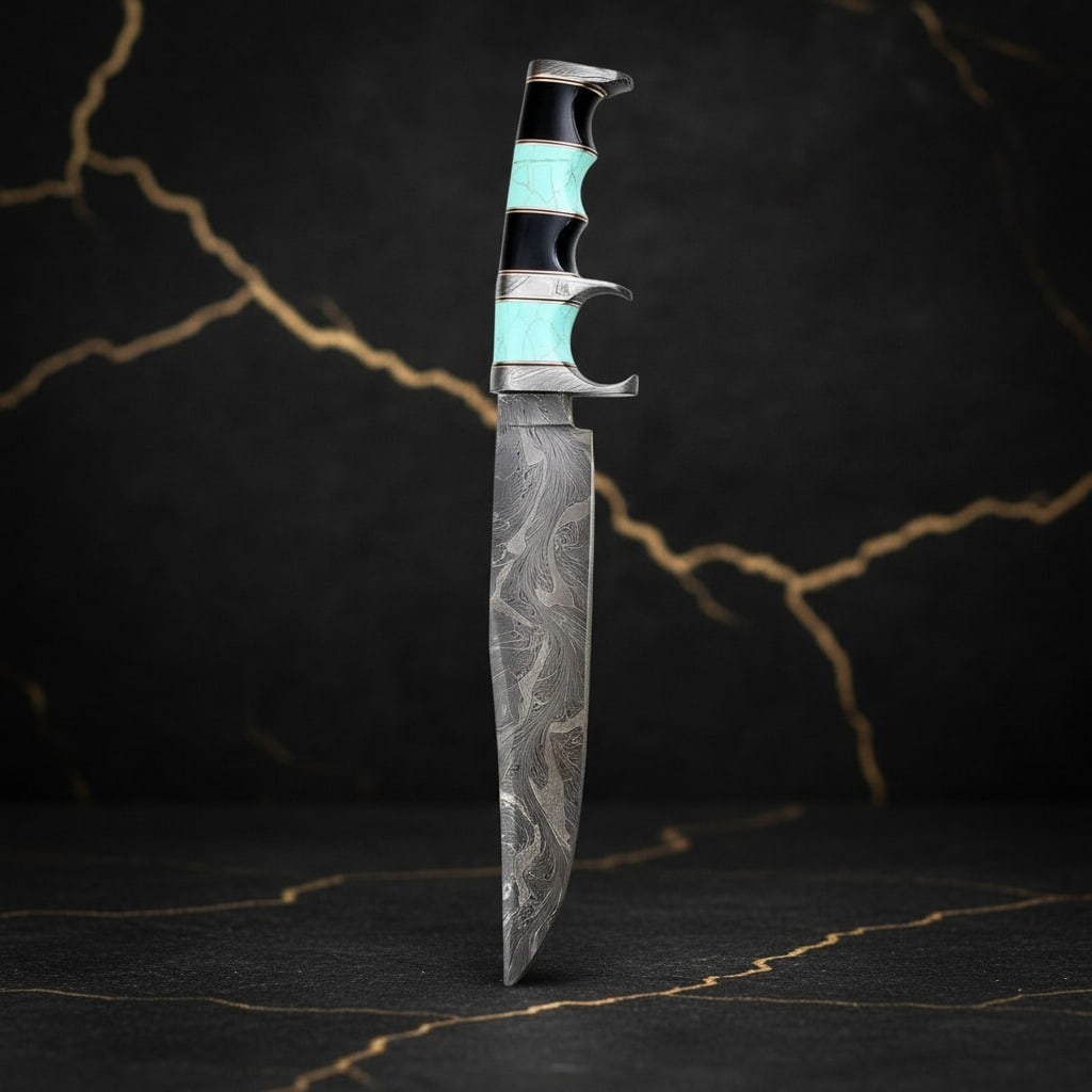 Handmade Damascus Bowie Knife, Custom Full Tang Blade with Leather Sheath - 4