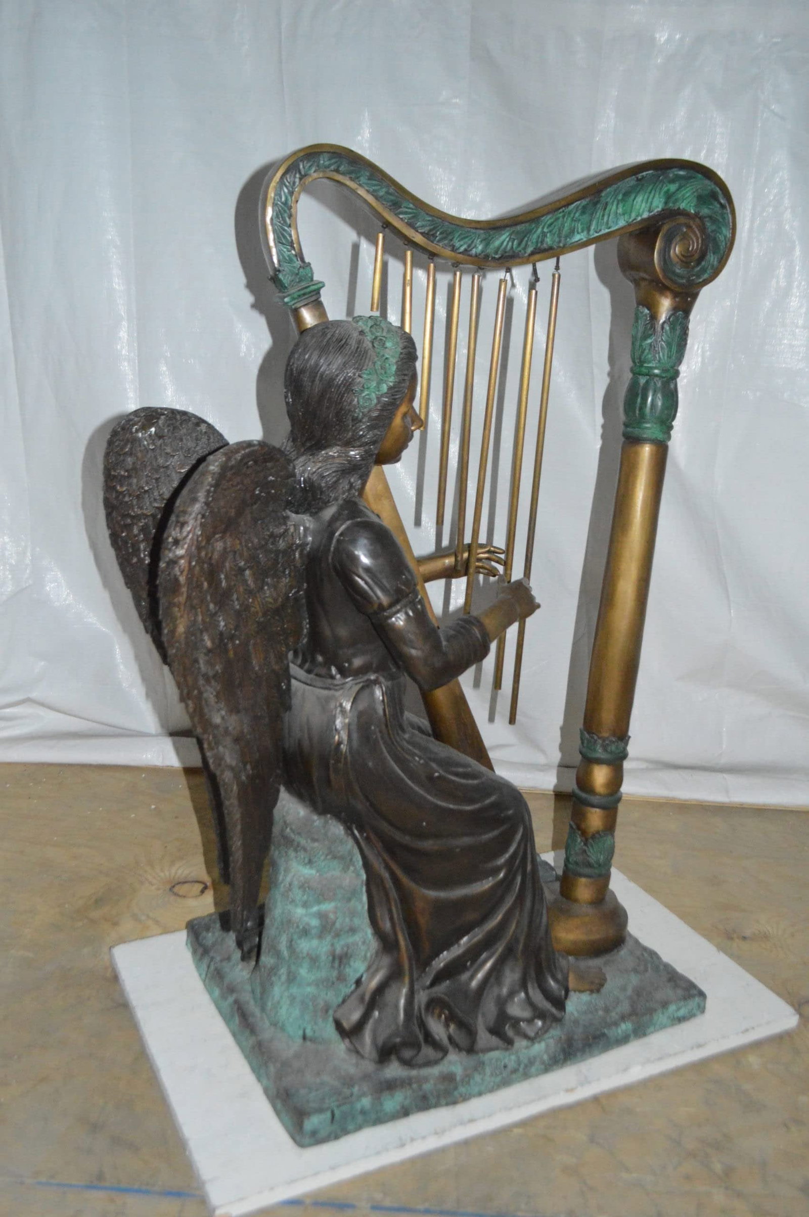 Angel playing a harp bronze statue - Size: 30"L x 15"W x 44"H. - 10