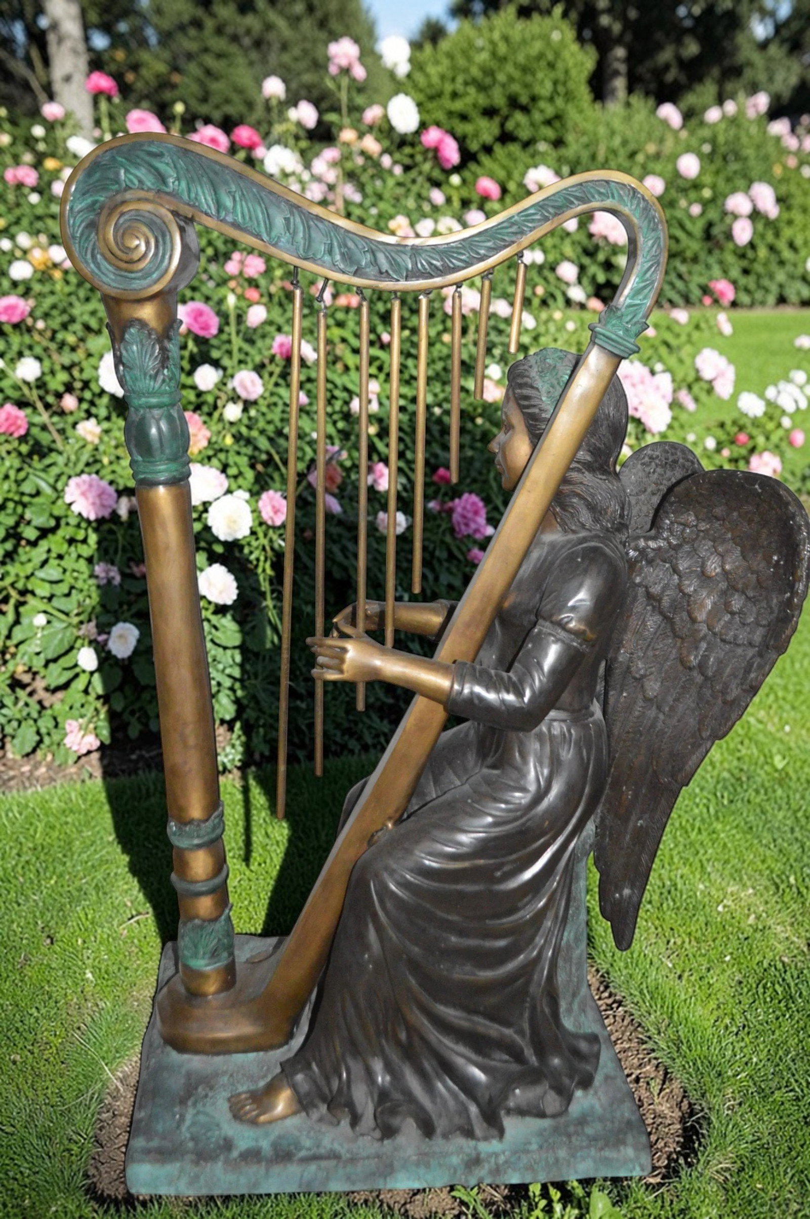 Angel playing a harp bronze statue - Size: 30"L x 15"W x 44"H. - 2