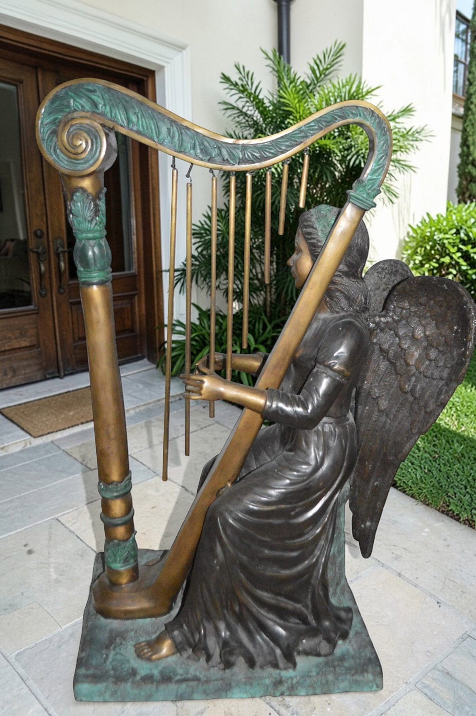 Angel playing a harp bronze statue - Size: 30"L x 15"W x 44"H. - 3