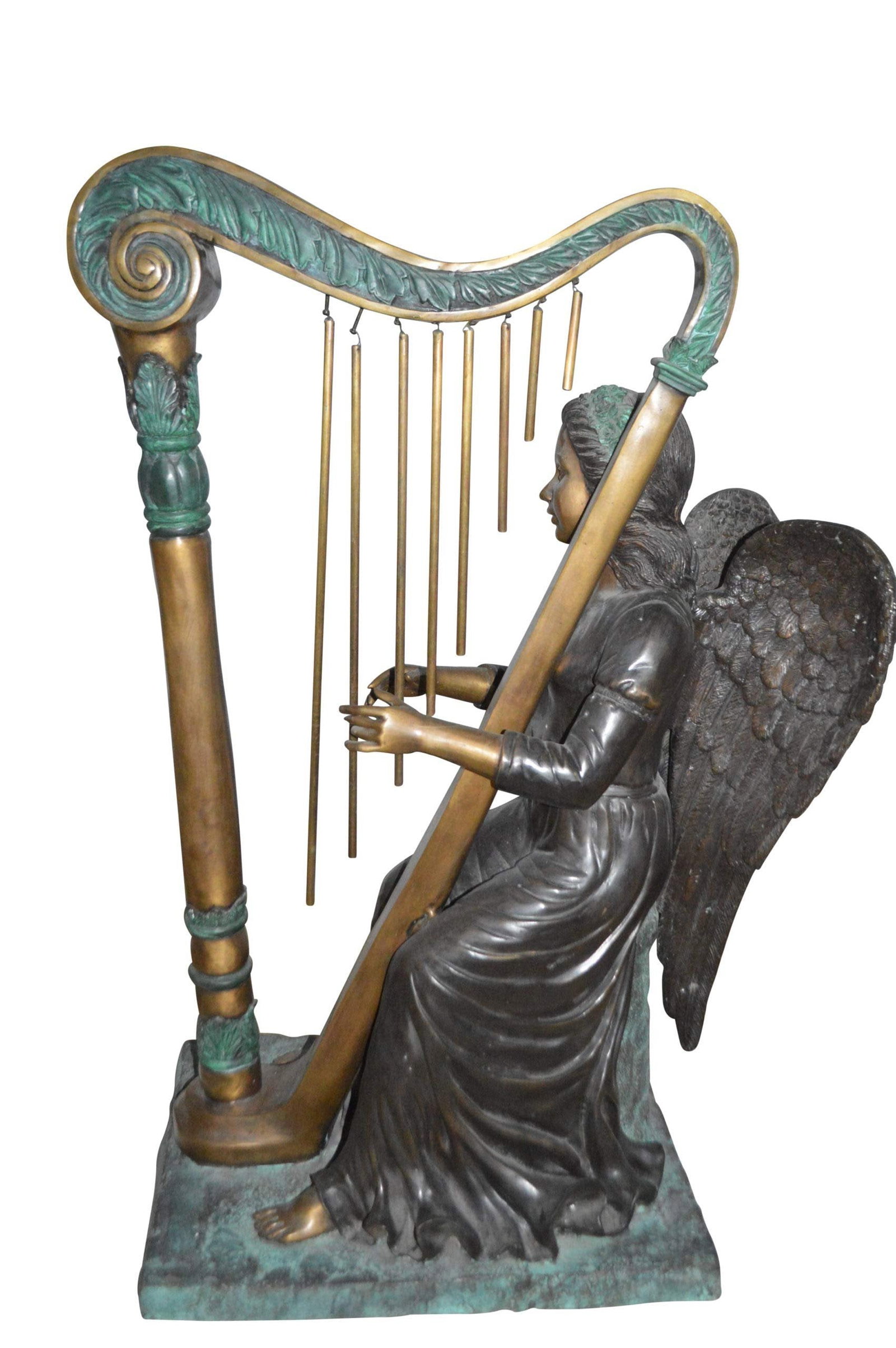 Angel playing a harp bronze statue - Size: 30"L x 15"W x 44"H. - 4