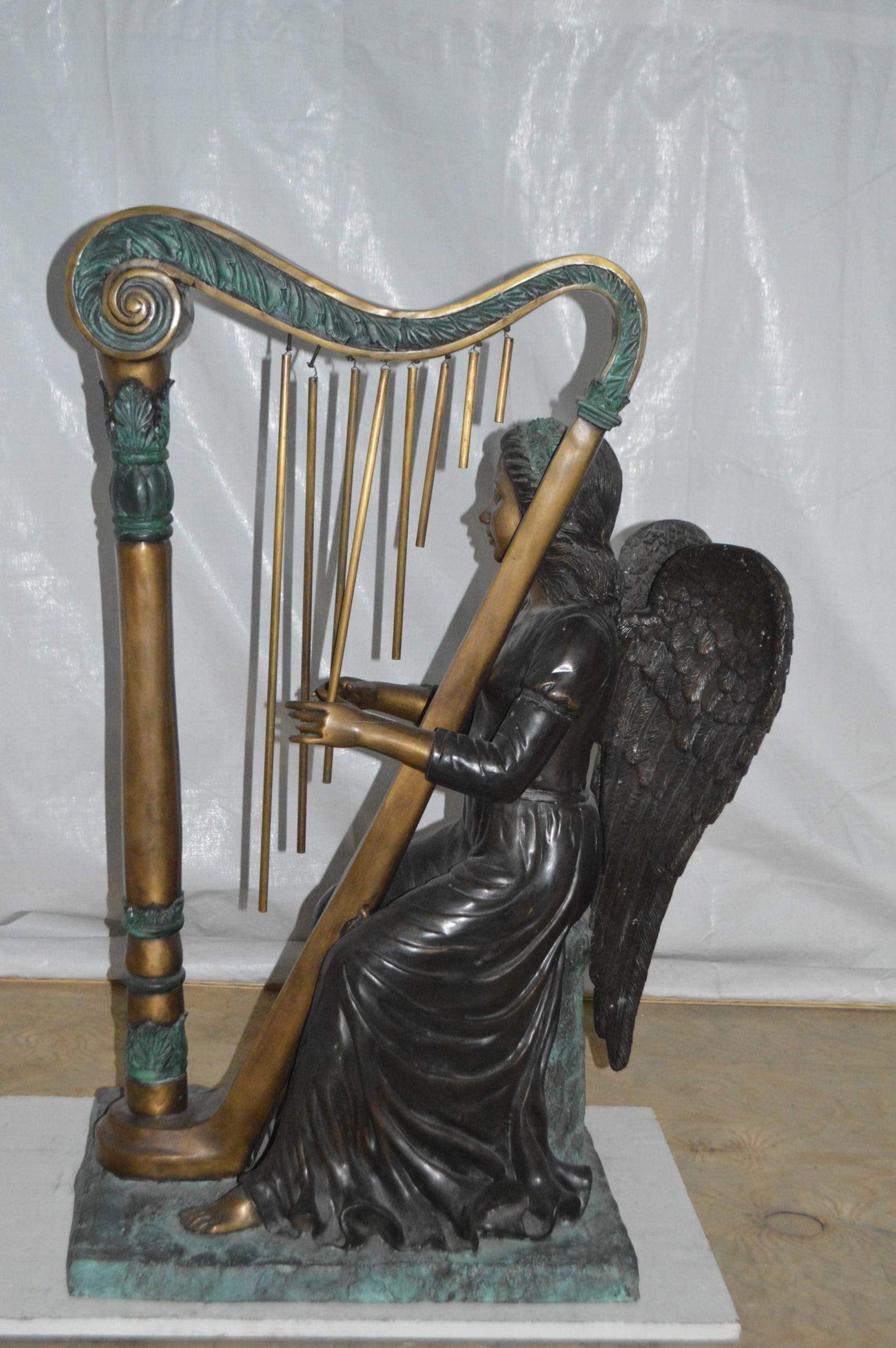Angel playing a harp bronze statue - Size: 30"L x 15"W x 44"H. - 5