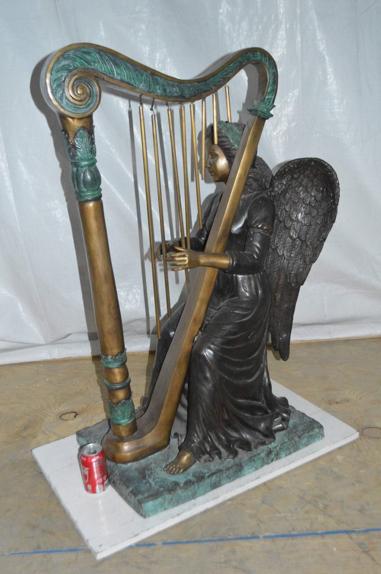 Angel playing a harp bronze statue - Size: 30"L x 15"W x 44"H. - 6
