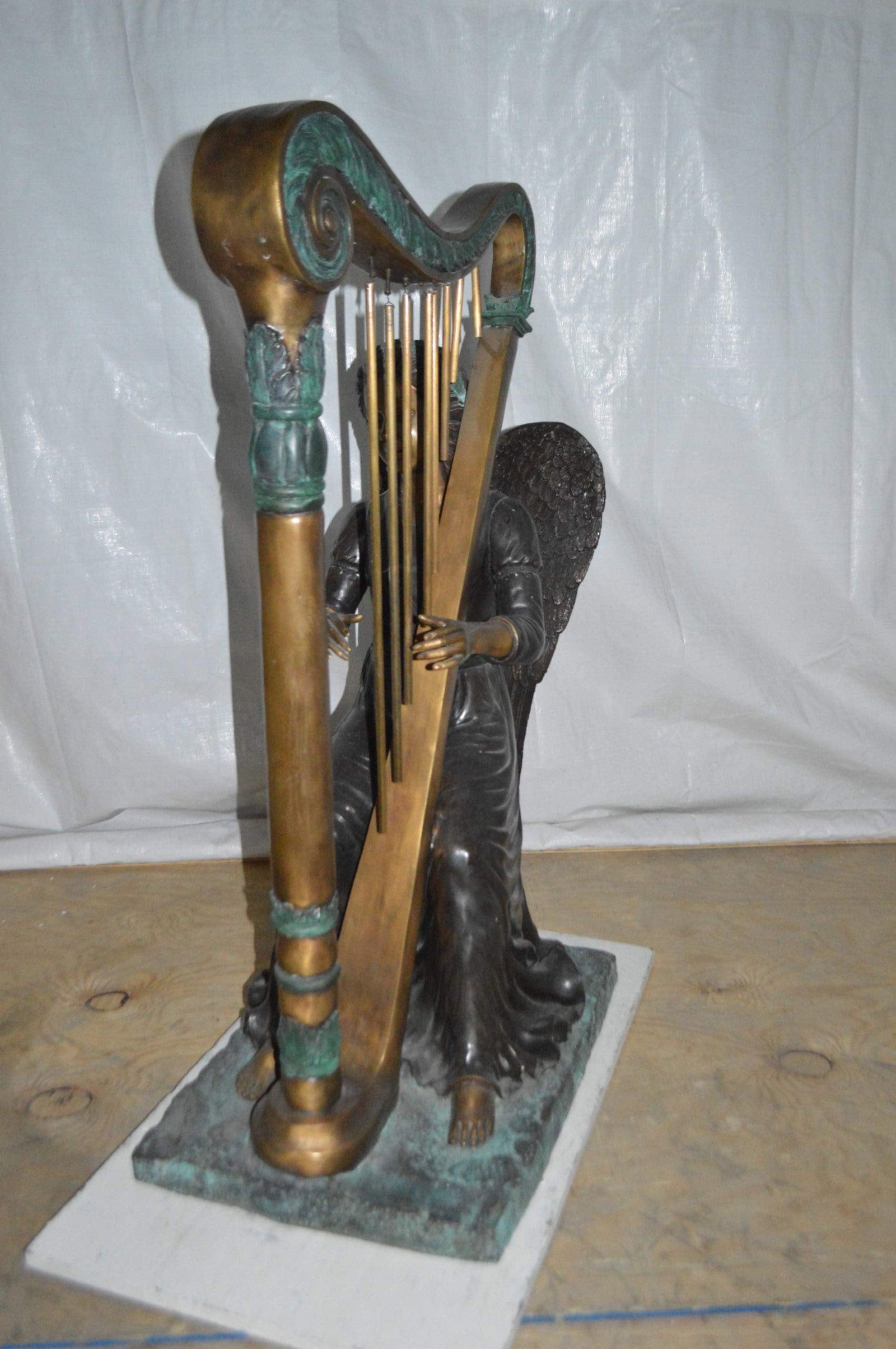Angel playing a harp bronze statue - Size: 30"L x 15"W x 44"H. - 7