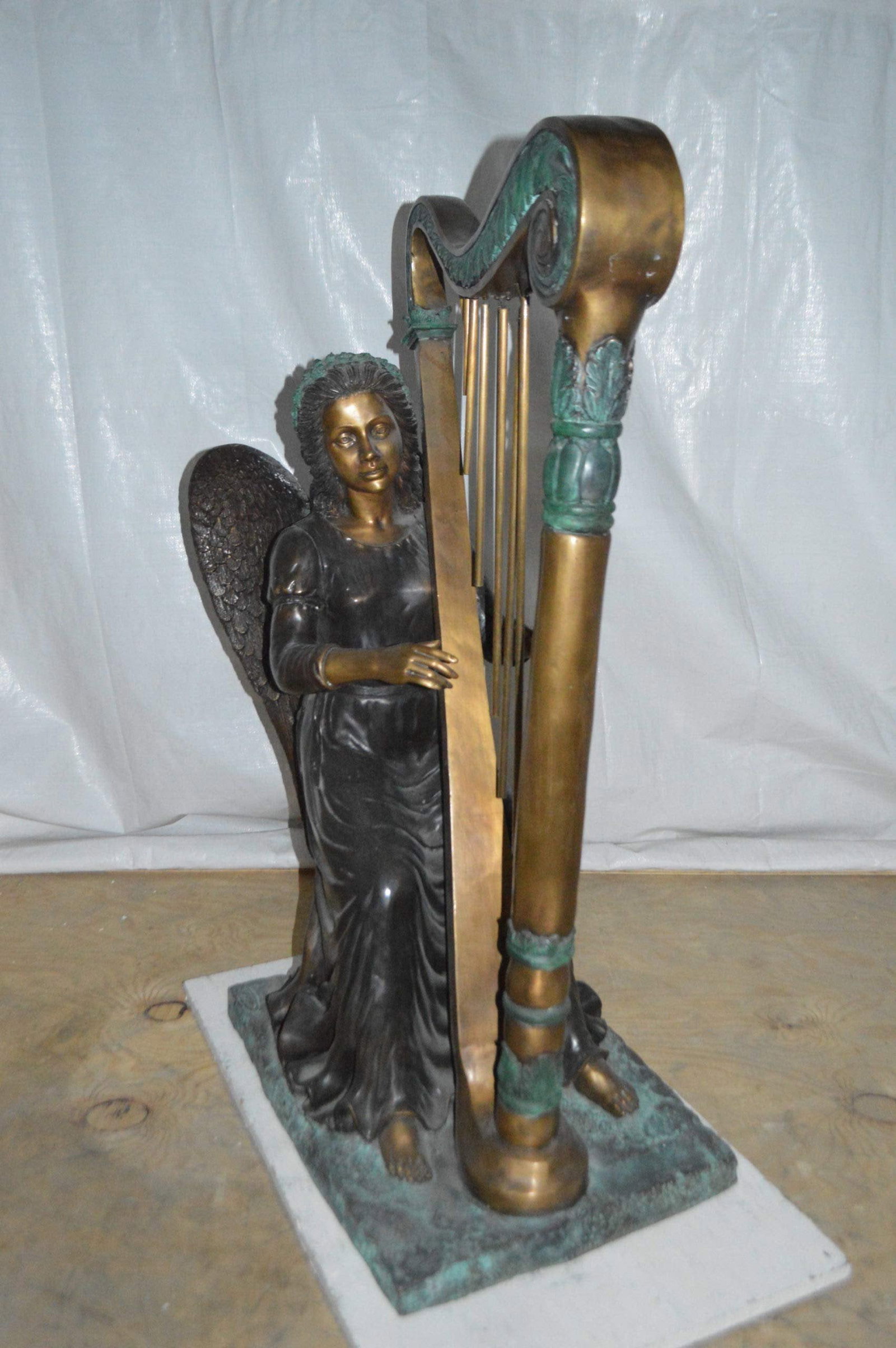 Angel playing a harp bronze statue - Size: 30"L x 15"W x 44"H. - 8