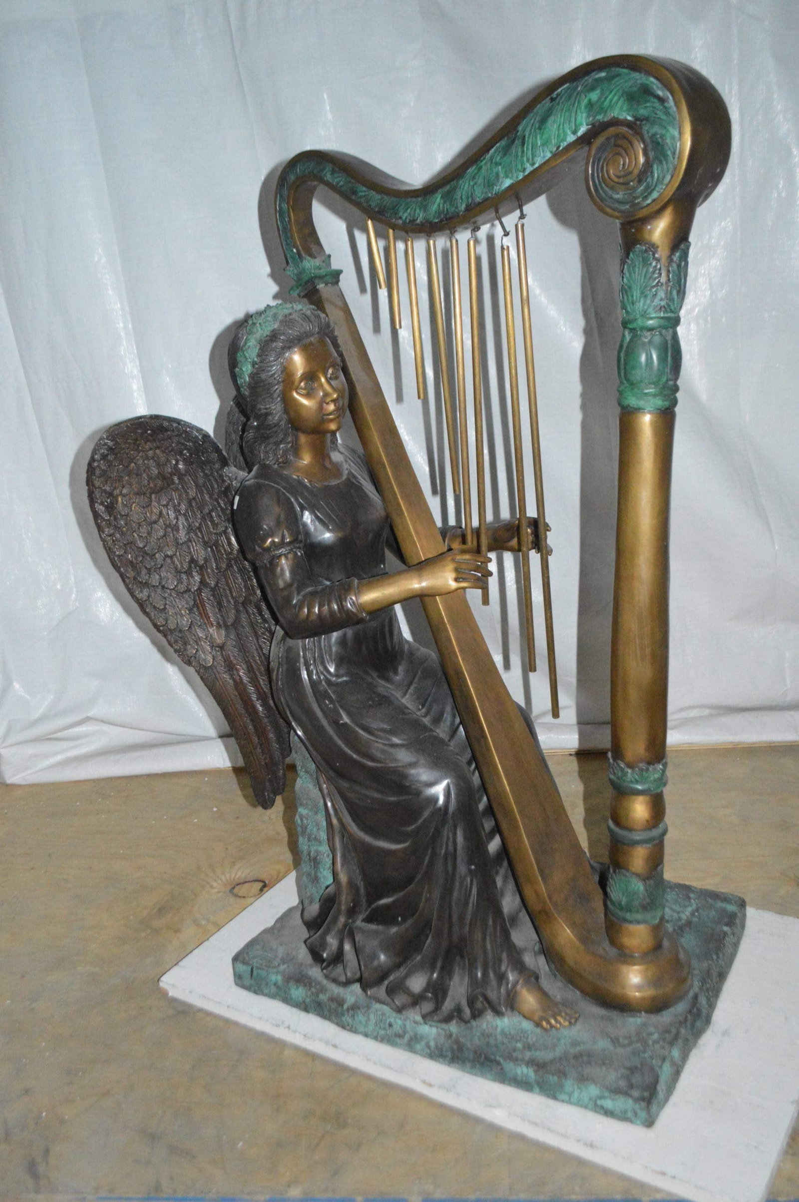 Angel playing a harp bronze statue - Size: 30"L x 15"W x 44"H. - 9